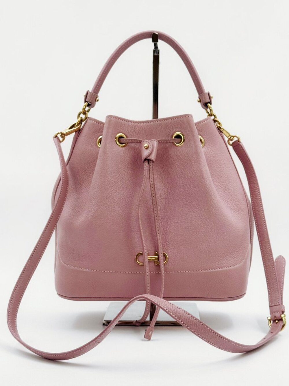 Salvatore Ferragamo Millie Pink Leather Bucket Bag 2-Way Shoulder Crossbody